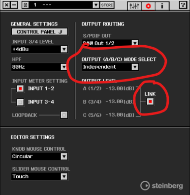 dspMixFx app settings for ganging outputs together into a surround matrix.