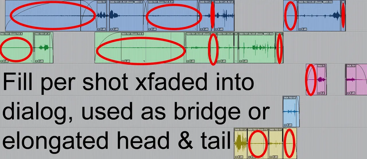 Screenshot: ProTools dialog edit including ample use of fill between checkerboarded clips