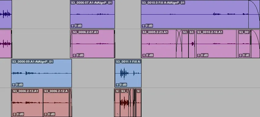 Screenshot of Pro Tools: mixing lav and boom in a dialog edit