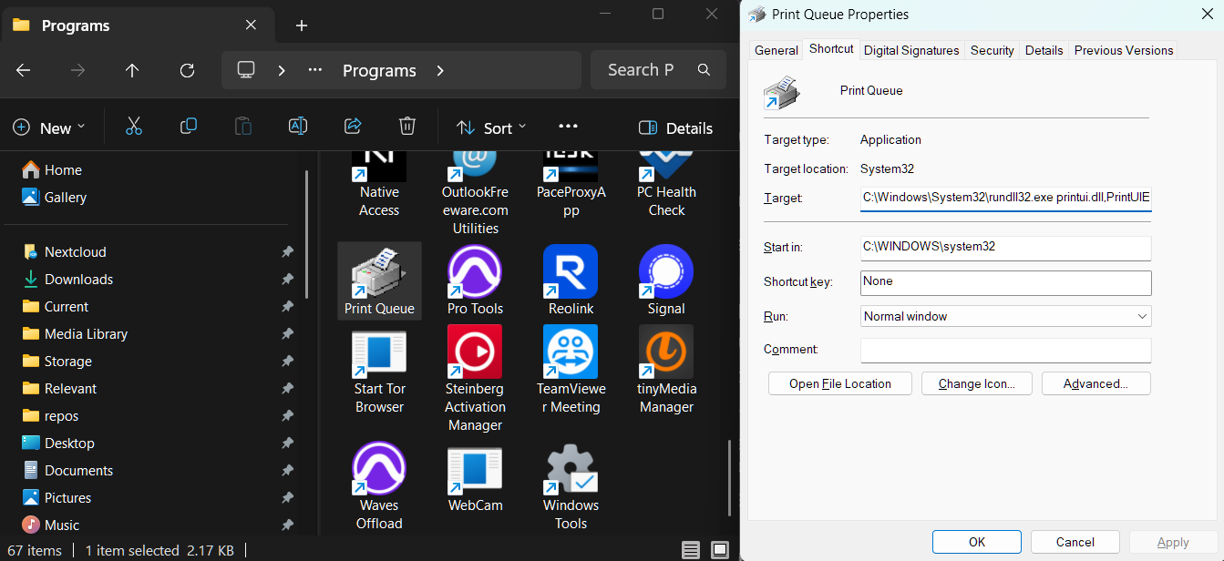 Print Queue in Programs Folder